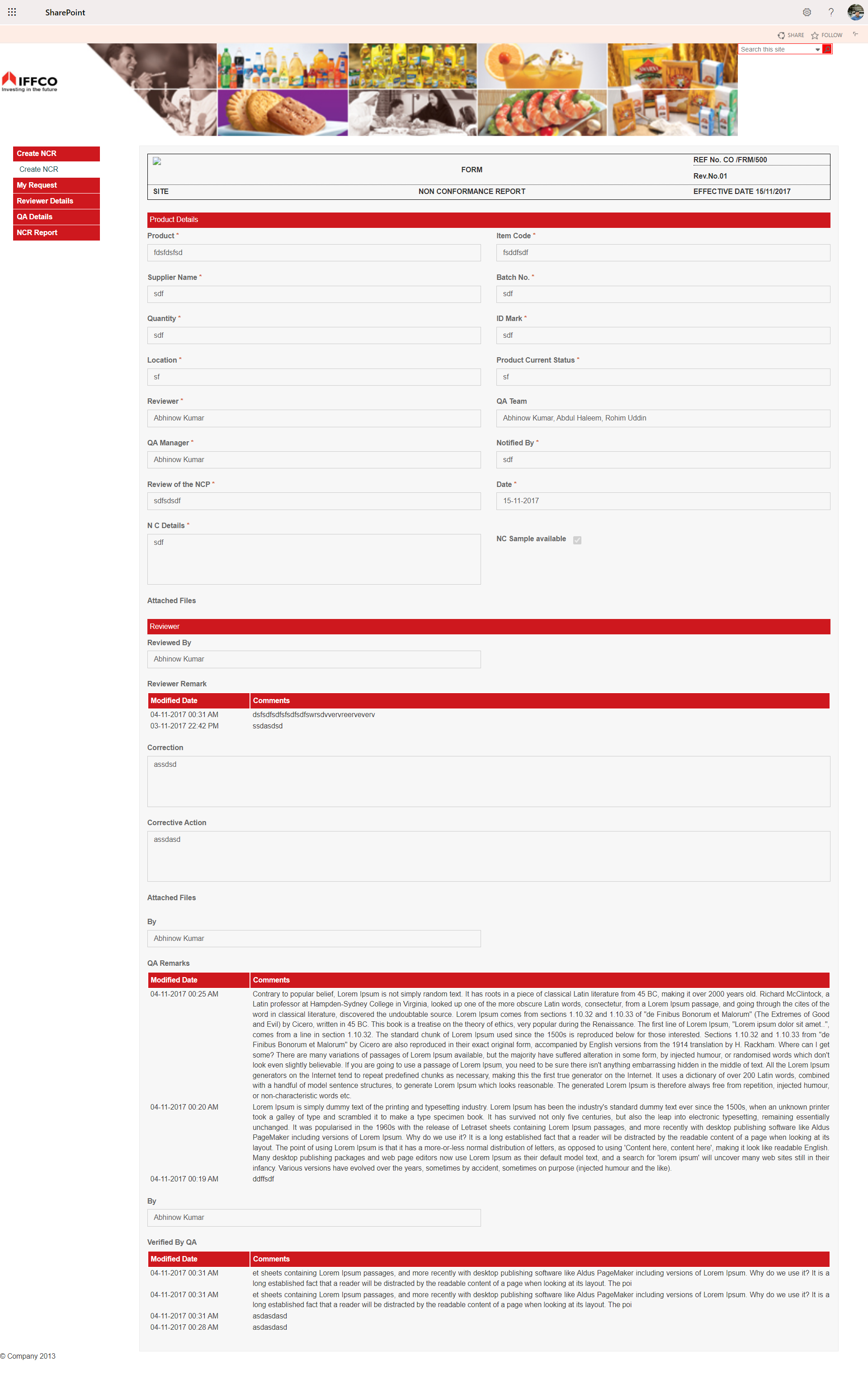 screenshot of Non-Conformance Management System